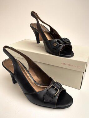Naturalizer Elsie Black Leather Slingback Heels With Buckle Detail Size 6.5M